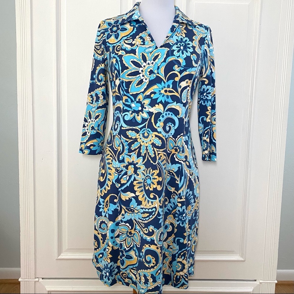 J McLaughlin V Neck Collar 3/4 Sleeve Amazing Print Catalina Cloth Dress